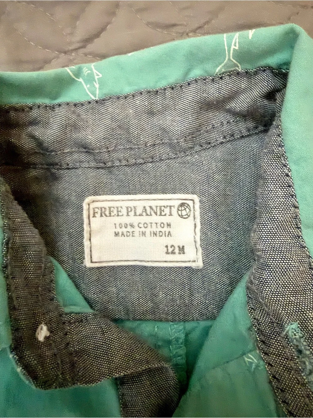 Free Planet Teal and White Collared Button-Up Baby Romper with Shark Trim